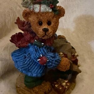 Holiday Bear Figurine with Blue Sweater and Red Scarf